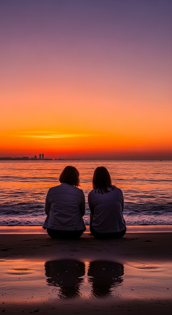 two friends sitting on a Barcelona beach at sunset