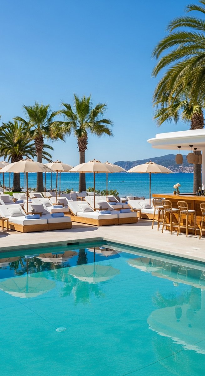 a Spanish beach club with sunbeds and umbrellas at the beaches