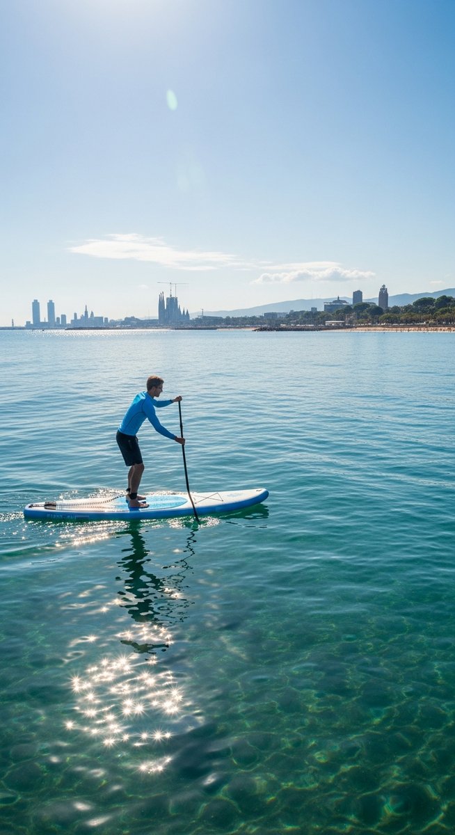 a paddleboarder on the Mediterranean near Barcelona