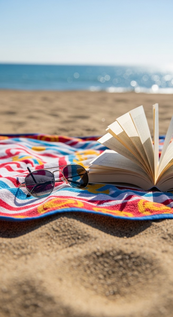 a beach towel and sunglasses on a Barcelona beach at the beaches