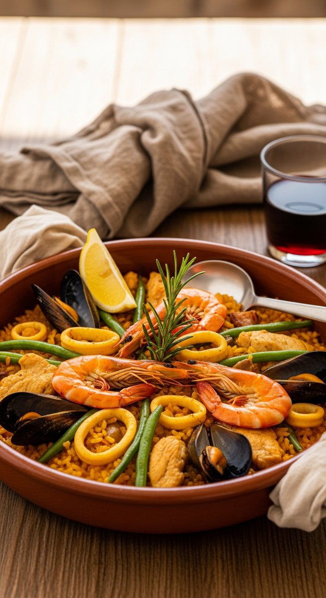 a bowl of paella valenciana in a terracotta dish