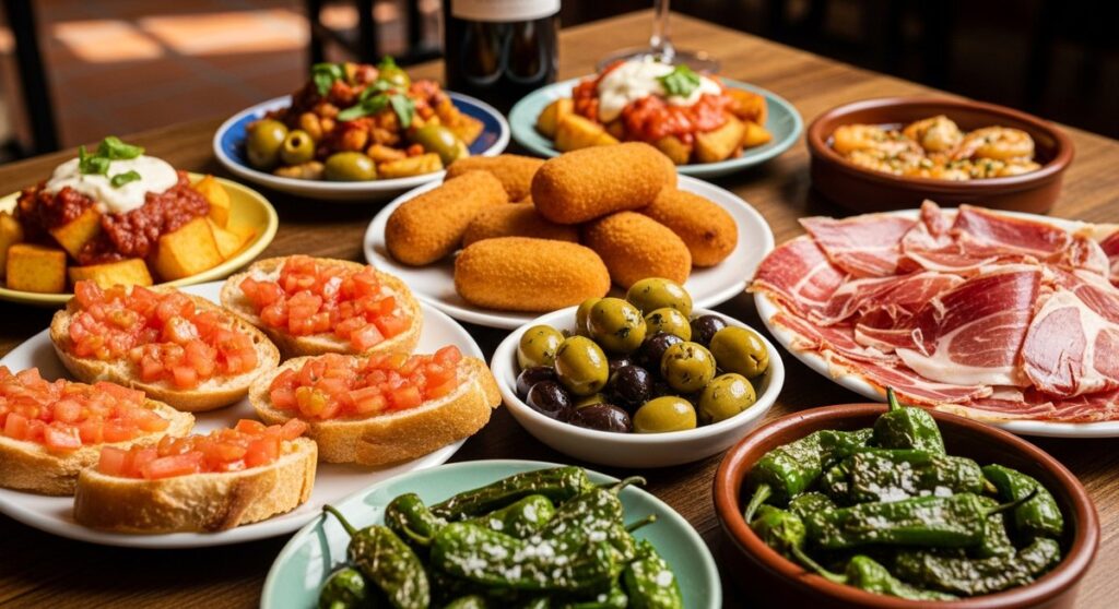 a spread of Spanish tapas on a restaurant table in Barcelona at a coffee shop