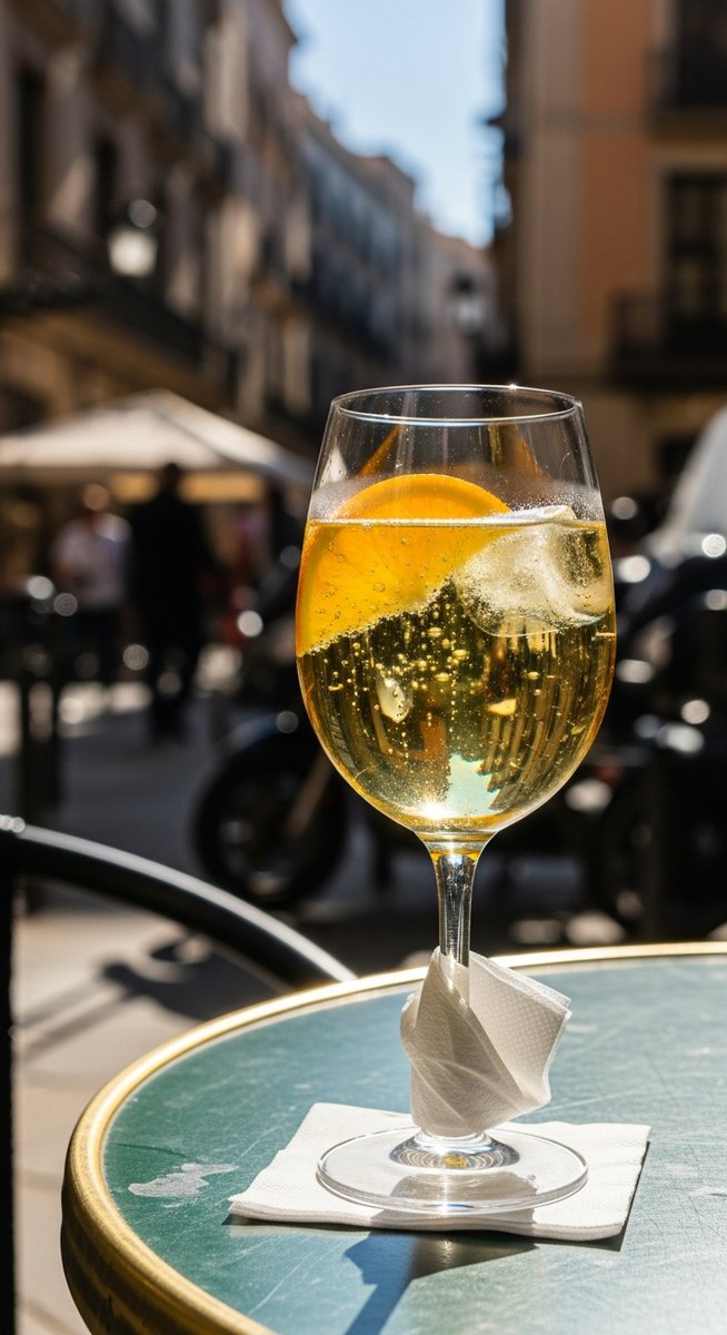 a glass of Spanish wine on a cafe table in Barcelona at a coffee shop