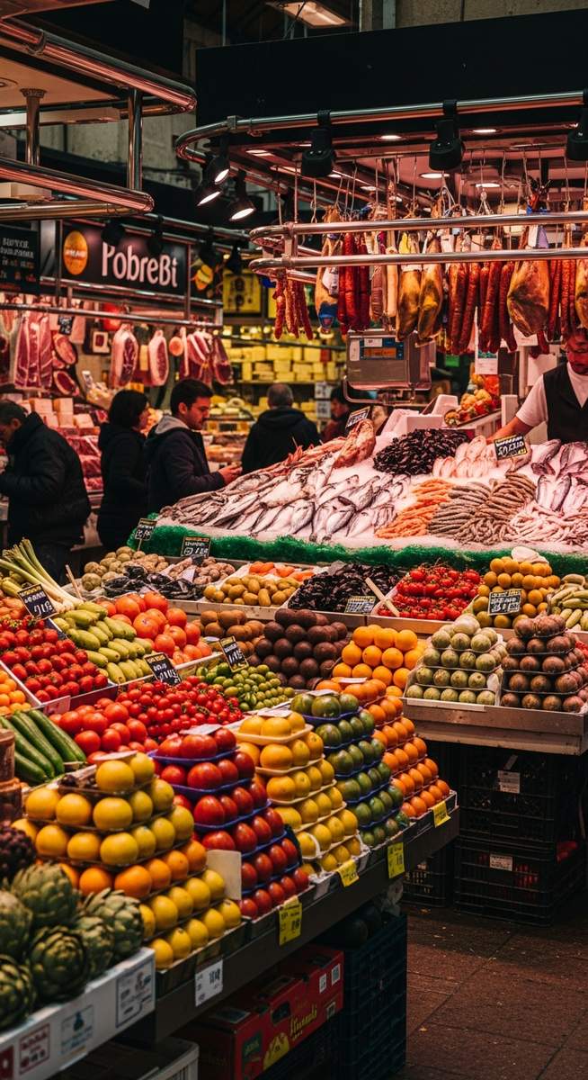 a Barcelona food market with colourful stalls