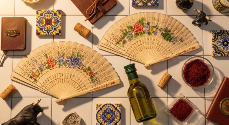 a flatlay of Spanish travel gifts and souvenirs as a gift idea for Spain travellers