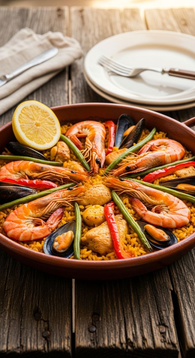 a bowl of paella valenciana in a terracotta dish
