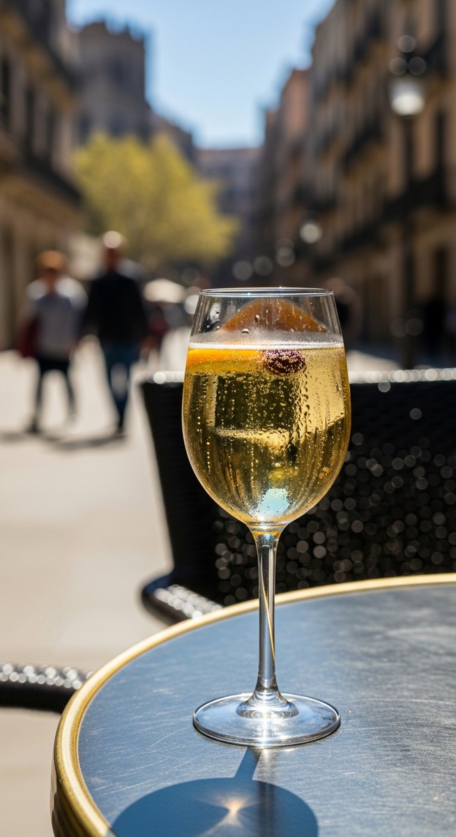 a glass of Spanish wine on a cafe table in Barcelona featuring paella