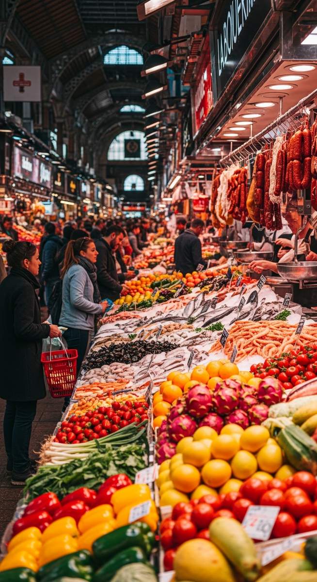 a Barcelona food market with colourful stalls