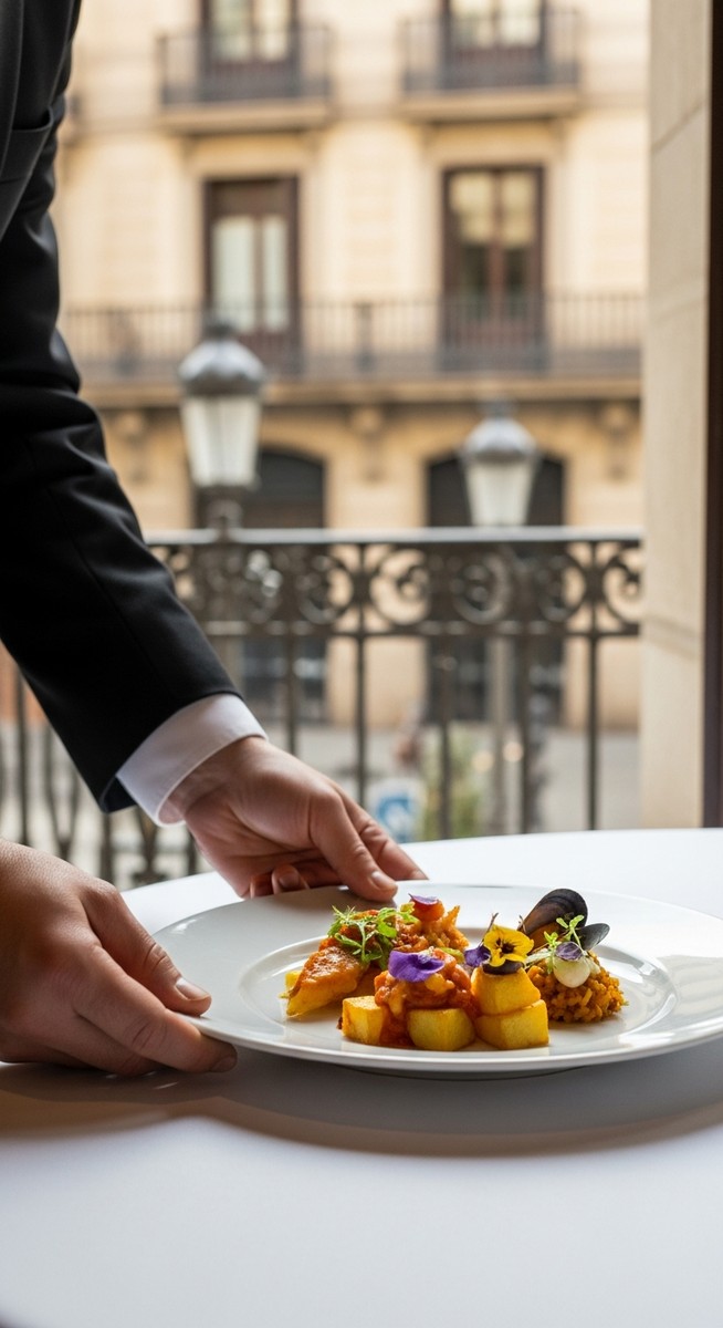 a plate of food being served at a Barcelona restaurant featuring paella