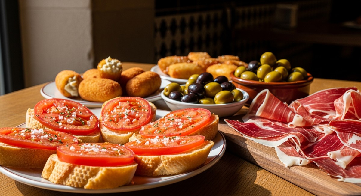 a spread of Spanish tapas on a restaurant table in Barcelona featuring paella
