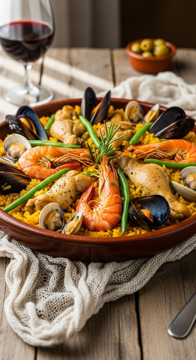 a bowl of paella valenciana in a terracotta dish