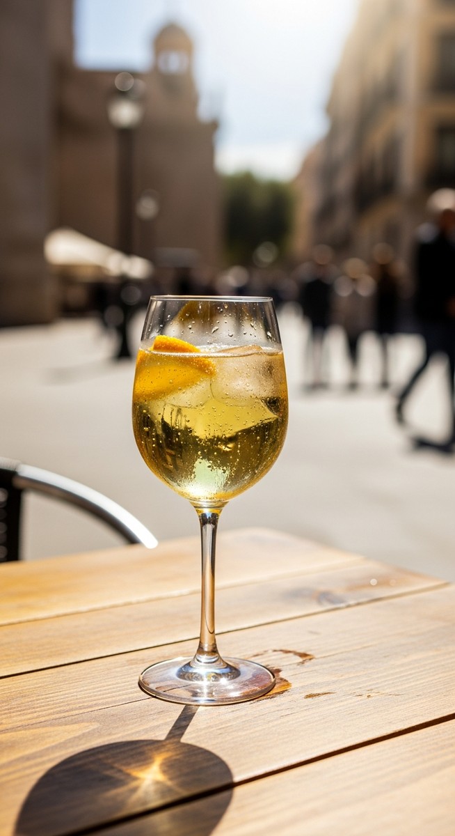 a glass of Spanish wine on a cafe table in Valencia featuring paella