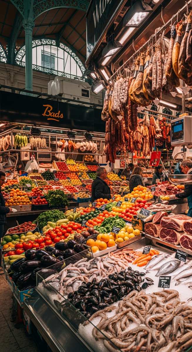 a Valencia food market with colourful stalls