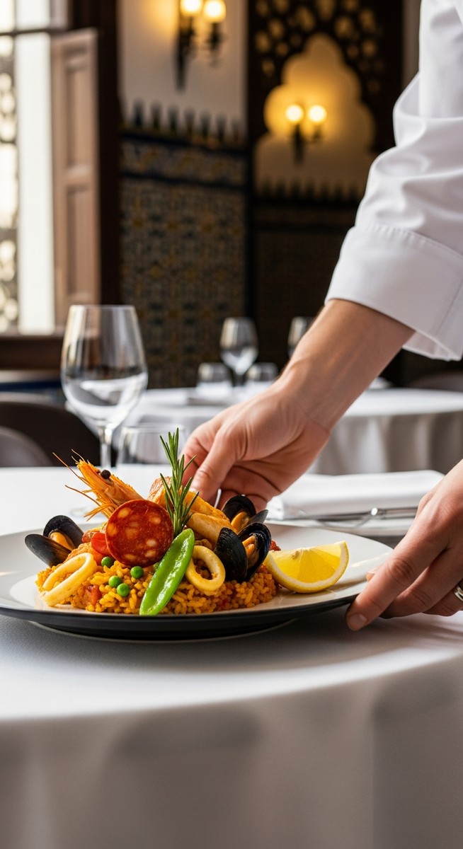 a plate of food being served at a Valencia restaurant featuring paella