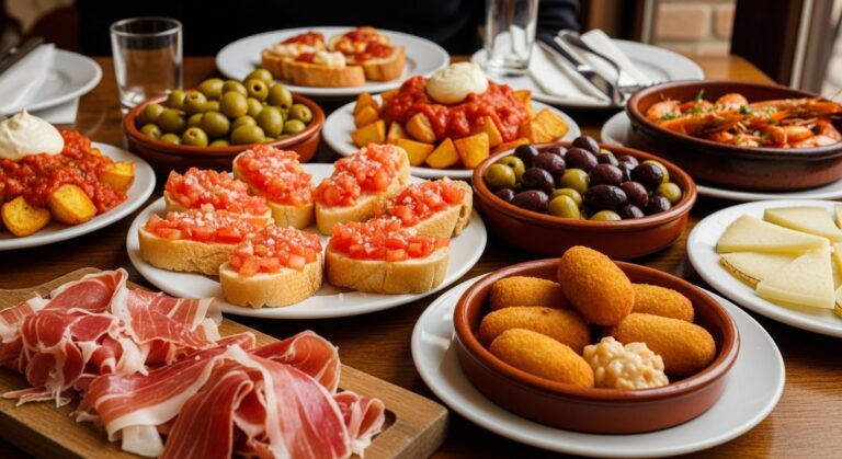 a spread of Spanish tapas on a restaurant table in Valencia featuring paella