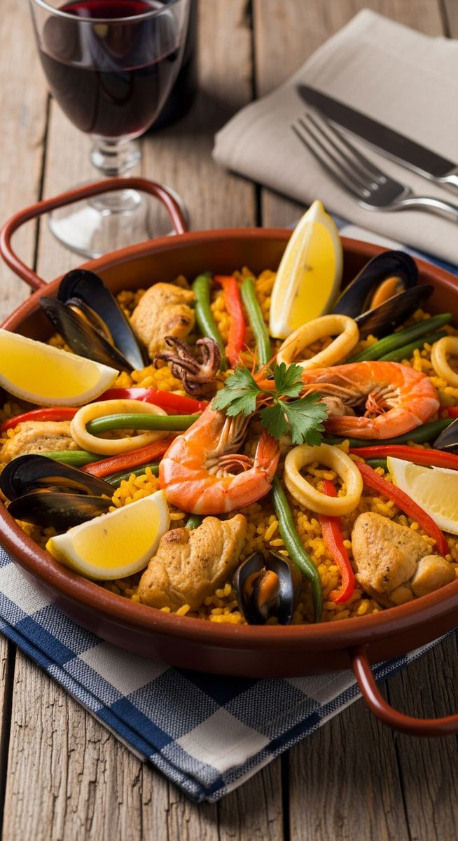 a bowl of paella valenciana in a terracotta dish