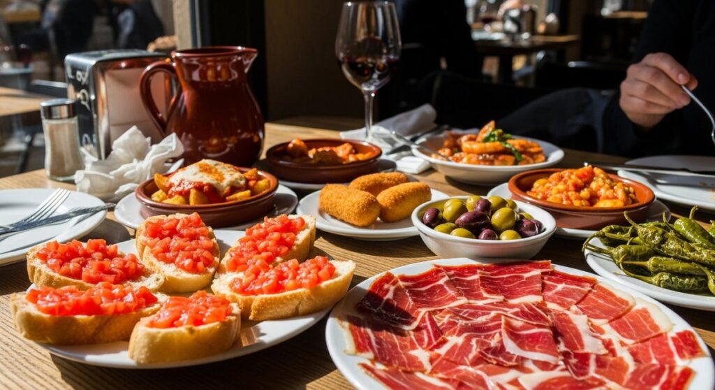 a spread of Spanish tapas on a restaurant table in Barcelona