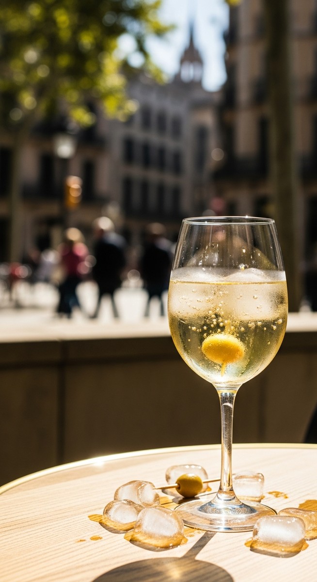 a glass of Spanish wine on a cafe table in Barcelona