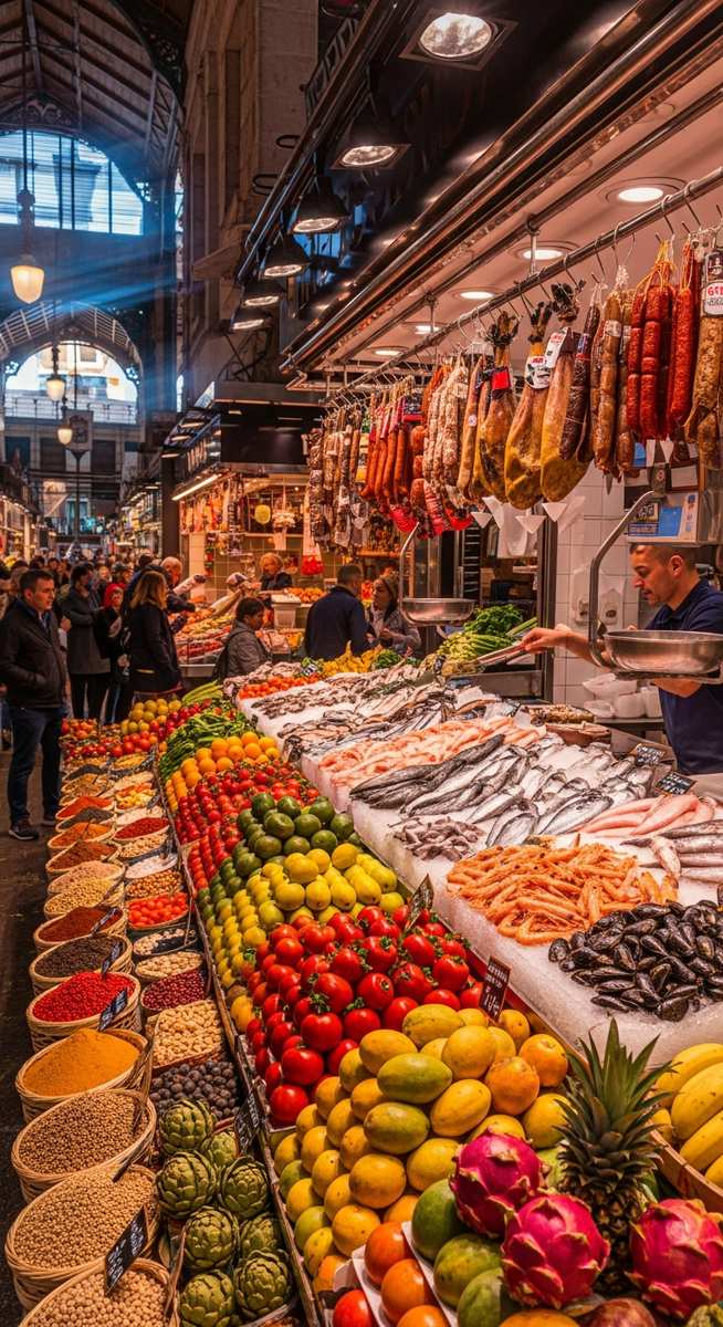 a Barcelona food market with colourful stalls