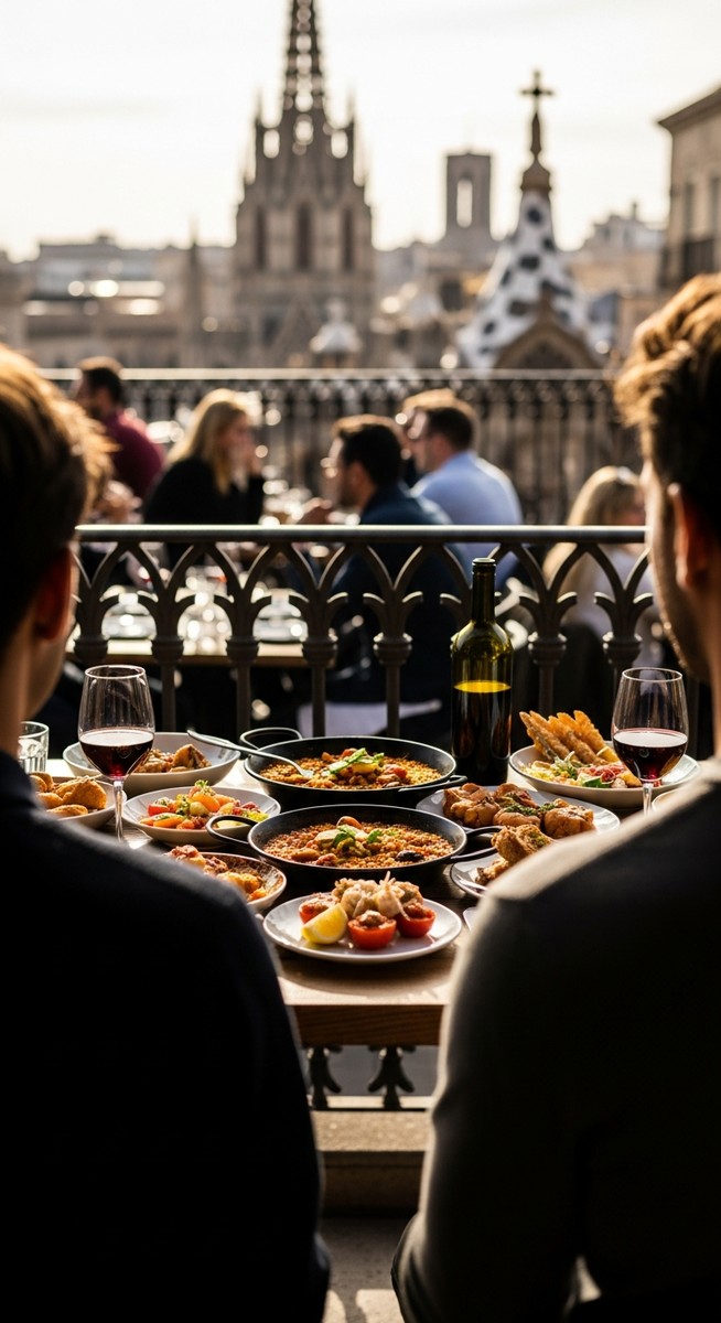 two friends at a restaurant terrace in Barcelona with food and wine