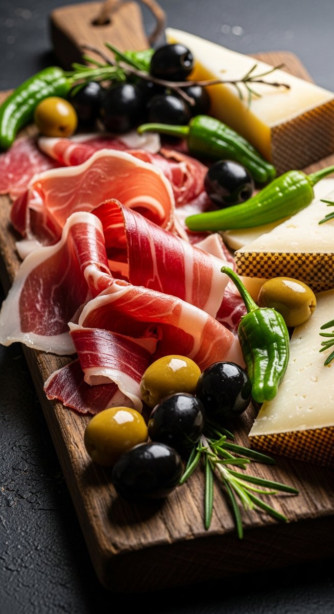 Spanish charcuterie on a wooden board in Barcelona
