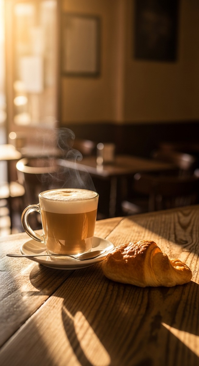 a cafe con leche and pastry on a Spanish cafe counter