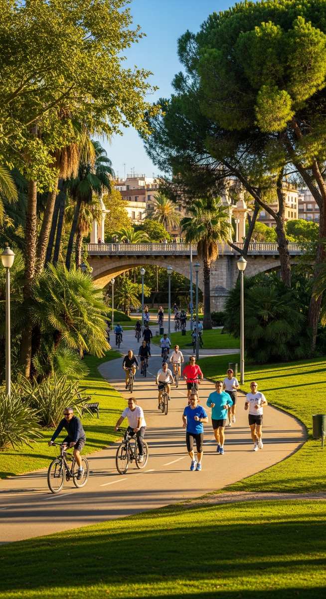 the Turia Gardens in Valencia with cyclists and joggers
