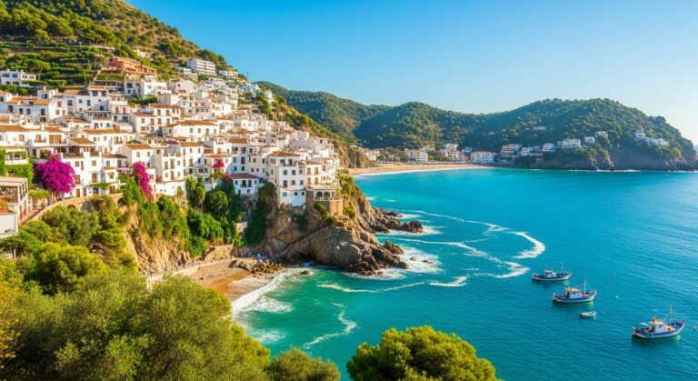 a scenic Spanish coastal town with white buildings and turquoise sea as one of the best places to visit in Spain