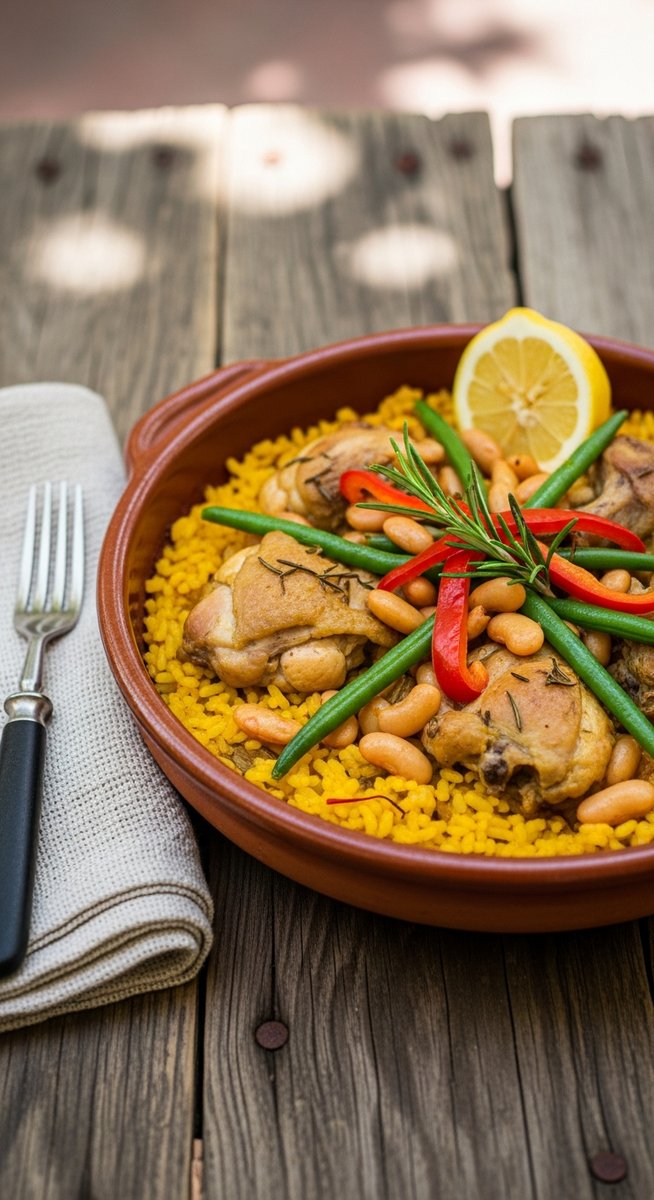 a bowl of paella valenciana in a terracotta dish
