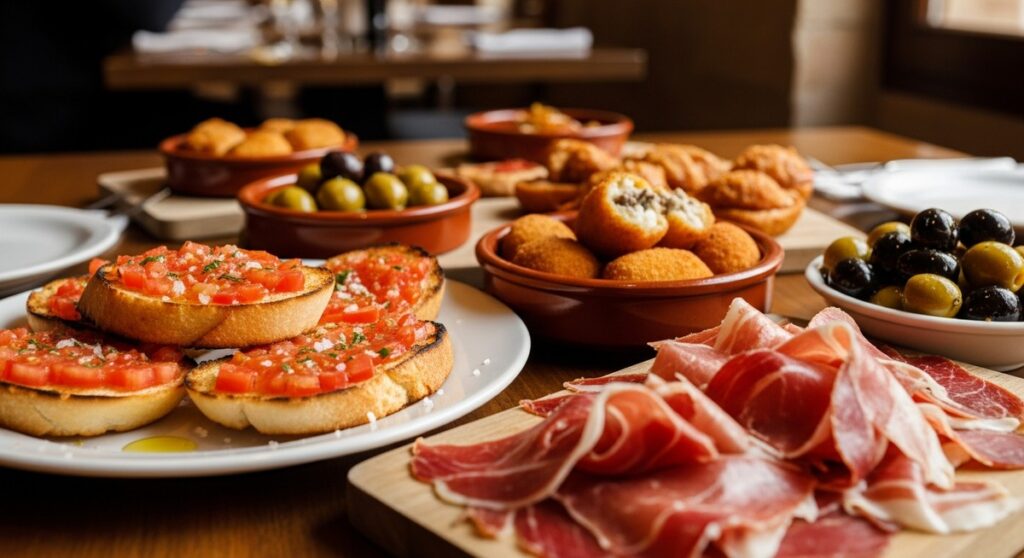 a spread of Spanish tapas on a restaurant table in Barcelona