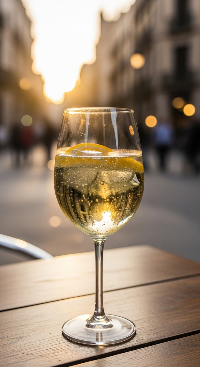 a glass of Spanish wine on a cafe table in Barcelona