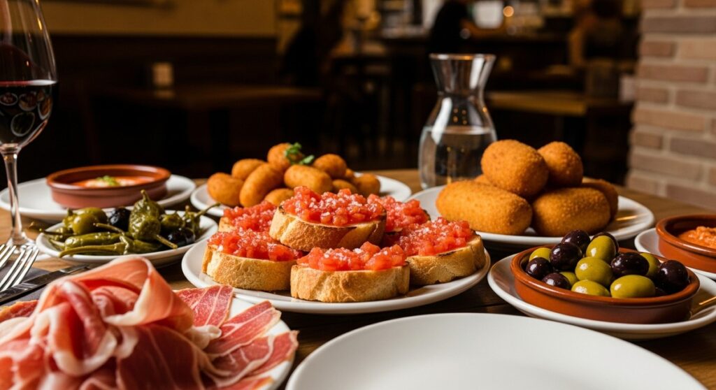 a spread of Spanish tapas on a restaurant table in Barcelona