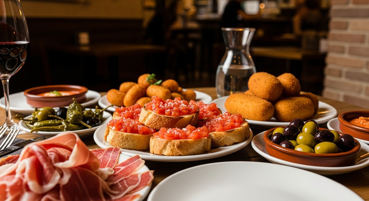 a spread of Spanish tapas on a restaurant table in Barcelona