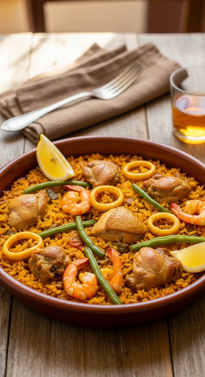 a bowl of paella valenciana in a terracotta dish