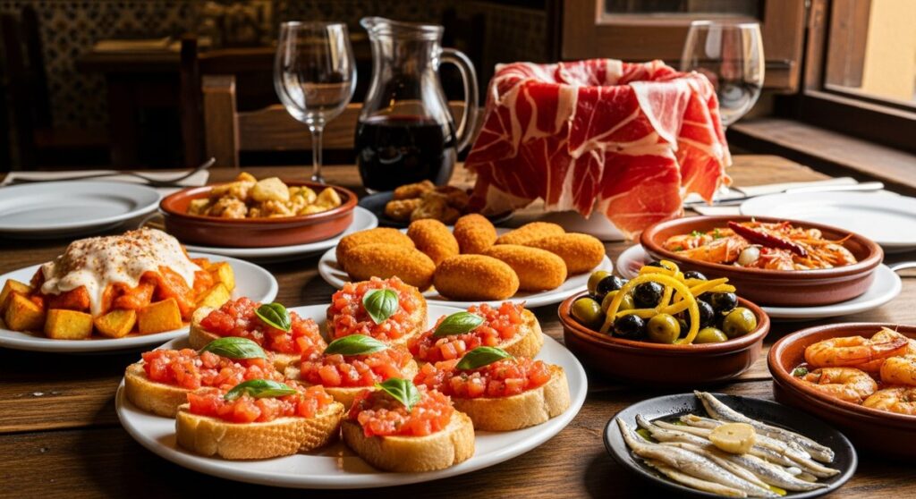 a spread of Spanish tapas on a restaurant table in Seville