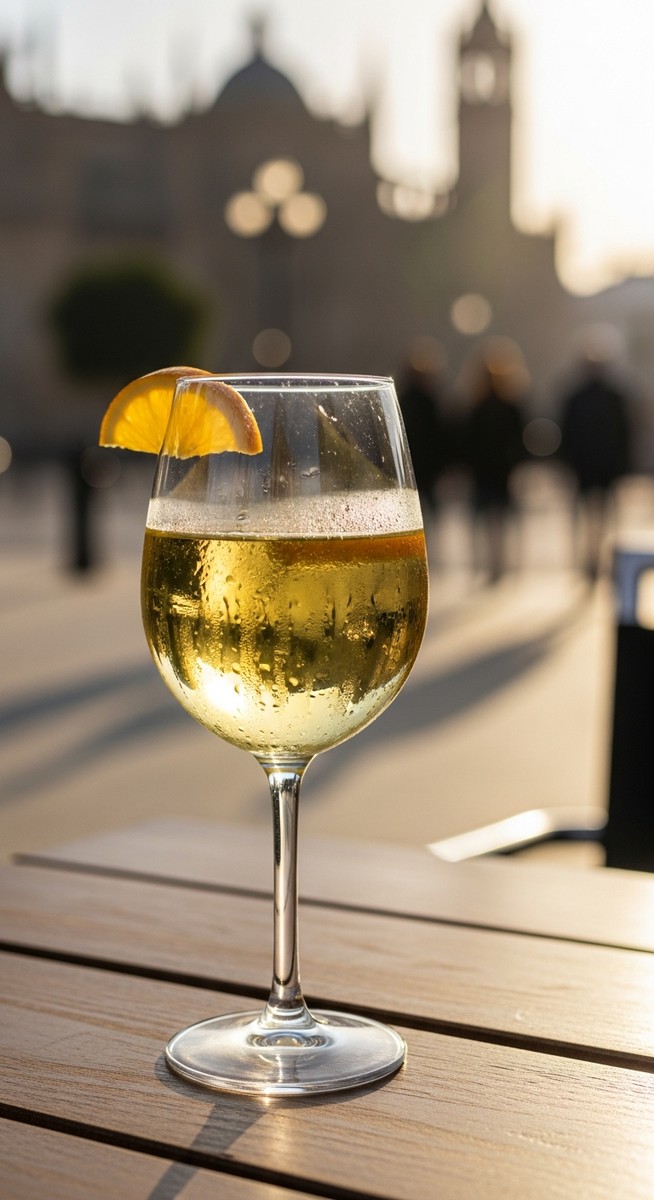 a glass of Spanish wine on a cafe table in Seville