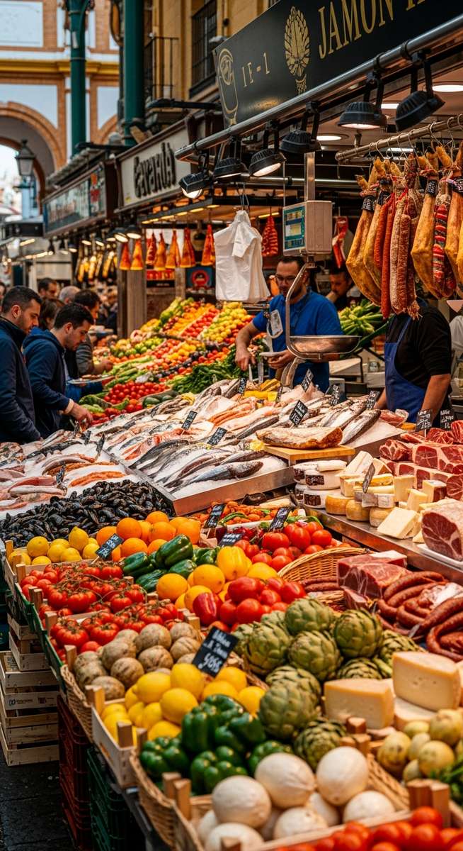 a Seville food market with colourful stalls