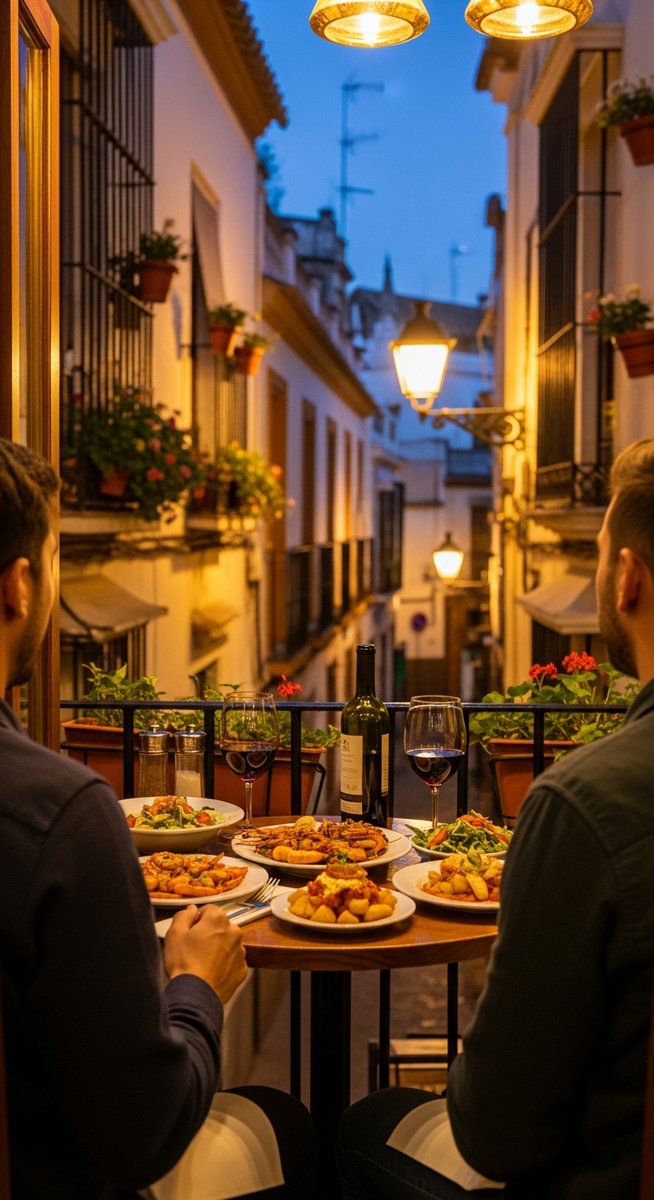 two friends at a restaurant terrace in Seville with food and wine