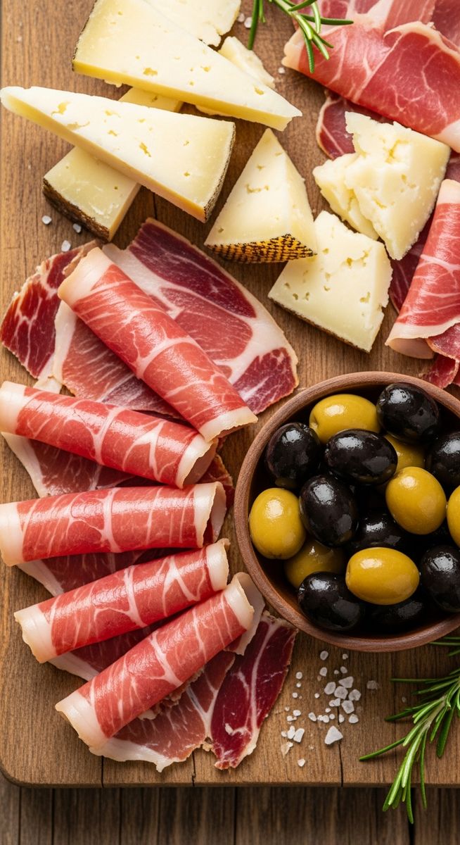 Spanish charcuterie on a wooden board in Seville