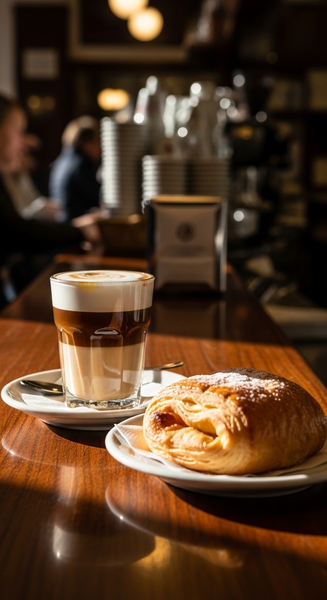 a cafe con leche and pastry on a Spanish cafe counter