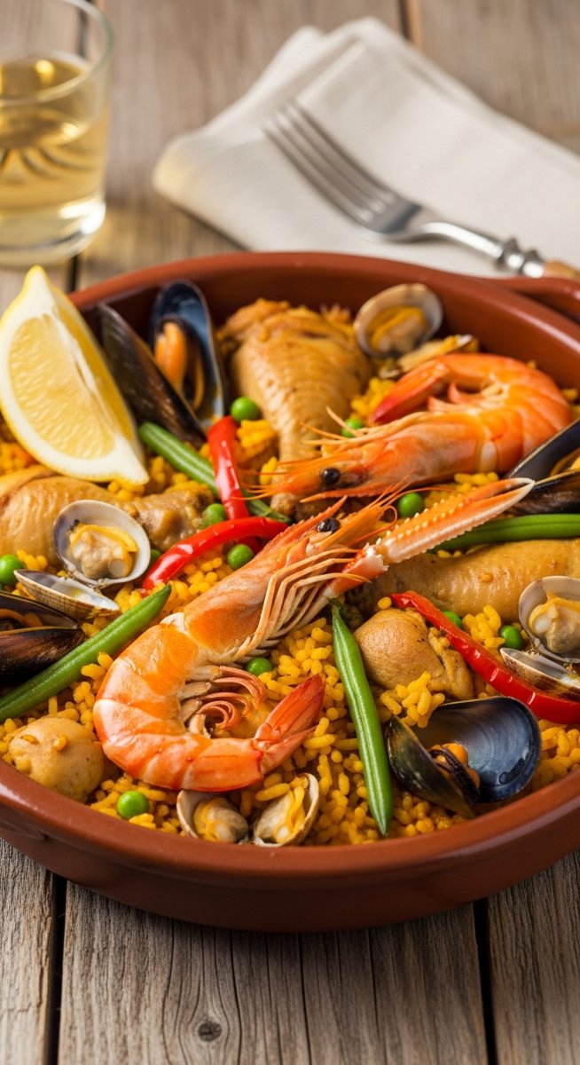 a bowl of paella valenciana in a terracotta dish