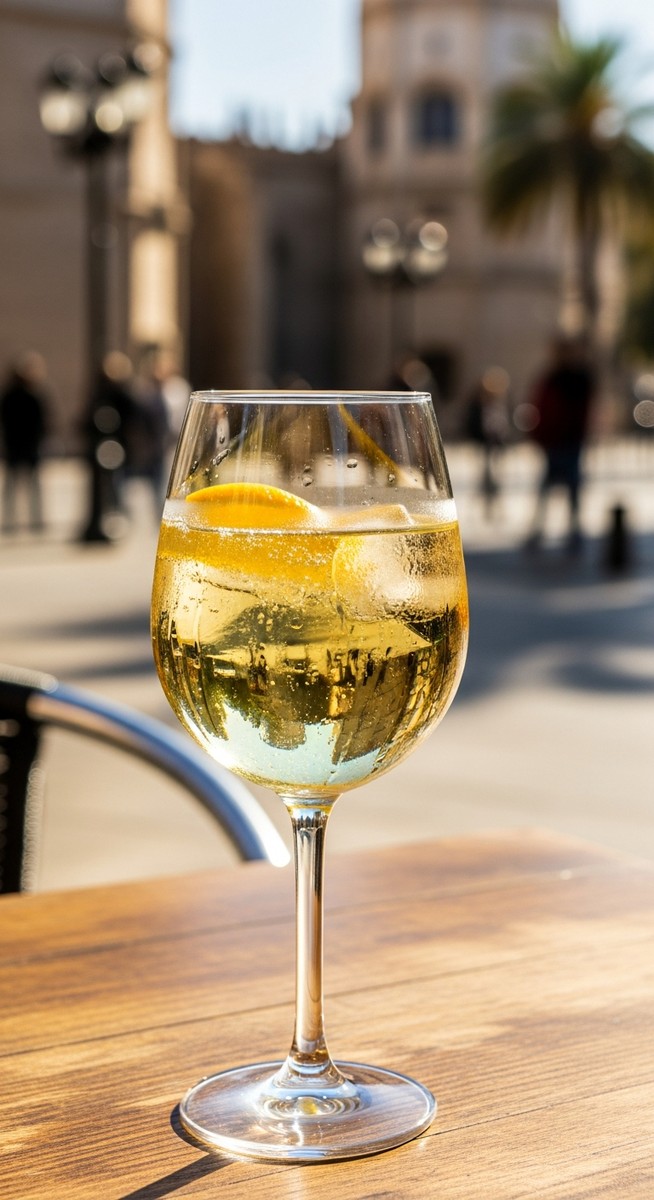 a glass of Spanish wine on a cafe table in Valencia