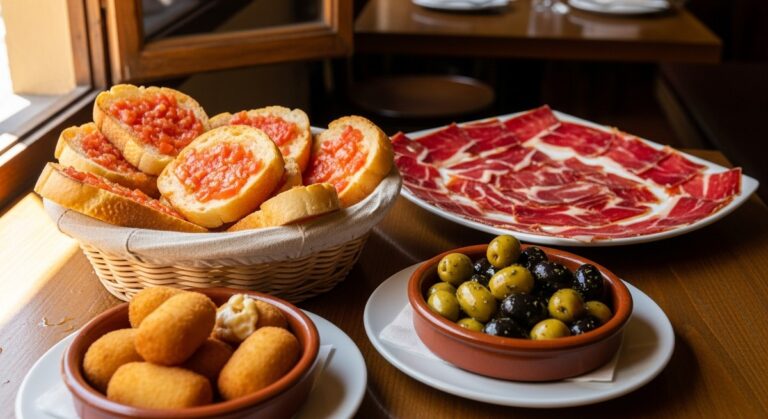a spread of Spanish tapas on a restaurant table in Valencia
