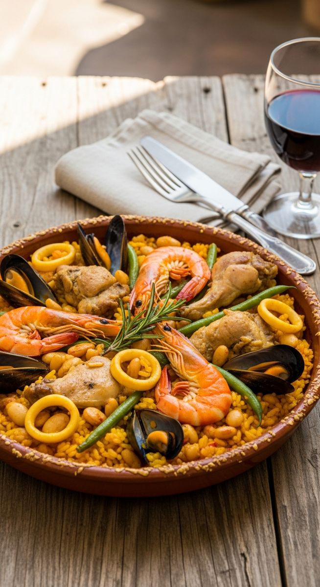 a bowl of paella valenciana in a terracotta dish