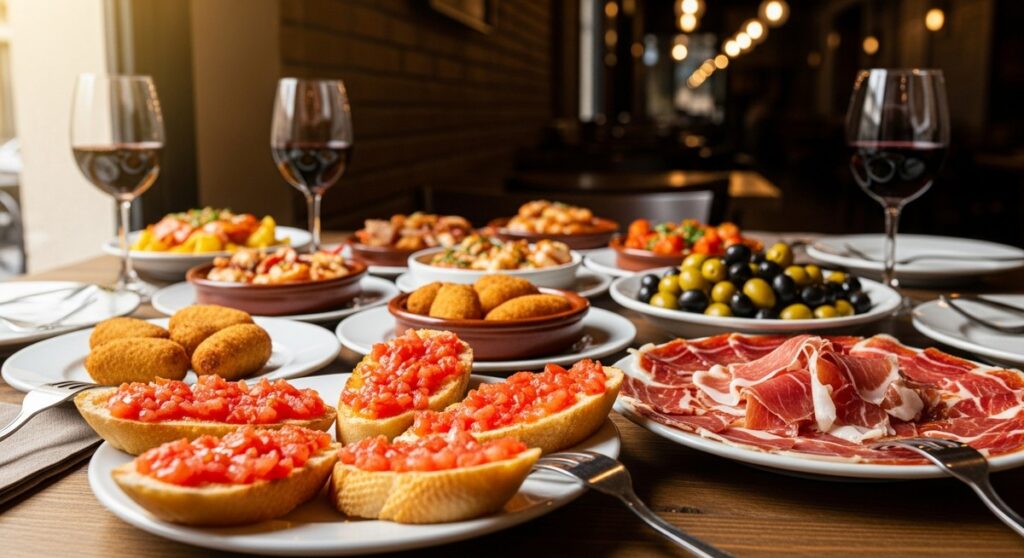a spread of Spanish tapas on a restaurant table in Barcelona featuring sangria