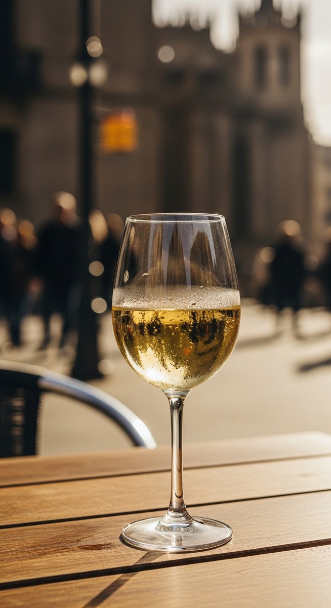 a glass of Spanish wine on a cafe table in Barcelona featuring sangria
