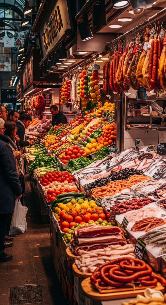a Barcelona food market with colourful stalls