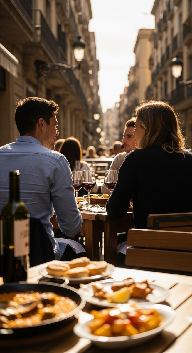 two friends at a restaurant terrace in Barcelona with food and wine