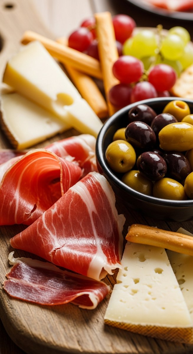 Spanish charcuterie on a wooden board featuring sangria