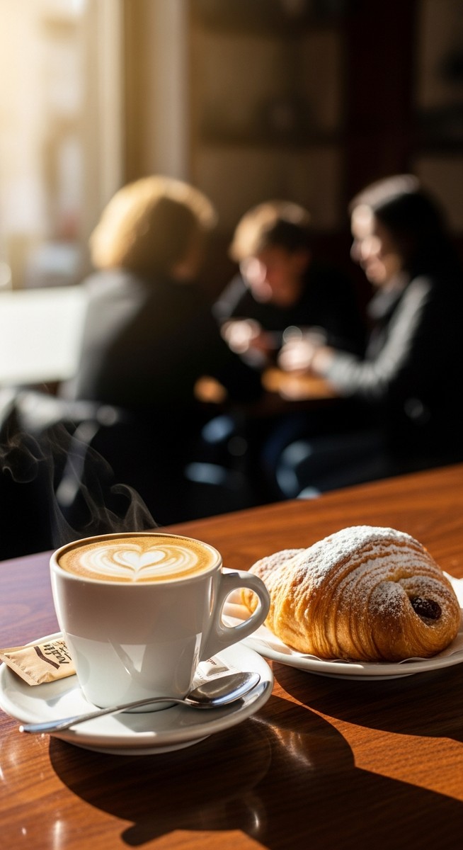 a cafe con leche and pastry on a Spanish cafe counter